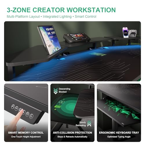 JWX Dual Motor Standing Gaming Desk with Aluminum Alloy Led Lights, 72'' Wing Shaped Large Gaming Studio Music Desk with Slot Design Shelves, for Streamer, Social Media Influencer & Music Recording