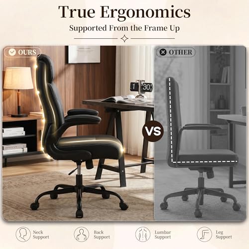 OwgeinSet Office Chair, Leather Ergonomic Computer Desk Chair with Rocking Function, High Back Executive Home Office Chair with Adjustable Flip-up Armrests, Lumbar Support, 360° Swivel, Black