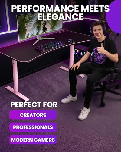 Arozzi Arena Large Gamer Desk - 63x32” Adjustable Height PC Gaming Desk with Storage for Cables & Triple-Monitor Support - Full-Surface Washable Mousepad - Pink