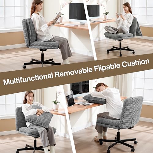 Fizzin Criss Cross Chair,Armless Cross Legged Chair with Wheels,Memory Foam Seat Office Desk Chair with Flipable Back Cushion,Mid Back Swivel Chair for Home Office,Bedroom Vanity (Grey)