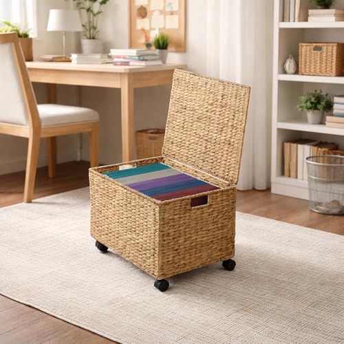 Casafield Rolling Filing Cabinet, Natural - Water Hyacinth File Organizer with Lid and Locking Wheels, Home Office Storage for Hanging Folders