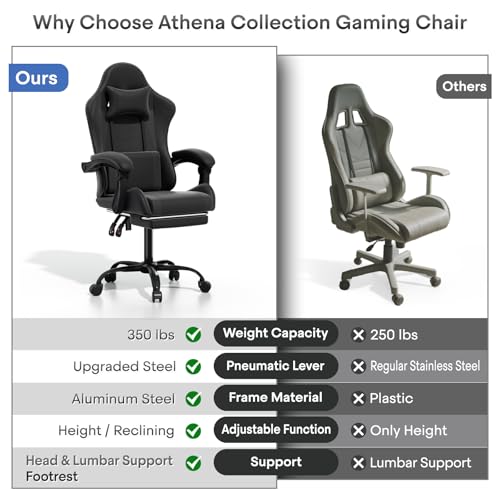 Athena Collection Ergonomic Gaming Chair with Footrest & Headrest Lumbar Support, Height Adjustable Swivel Office Chair Reclining Game Chair High Back Computer Chair for Adults, Carbon Fiber Black