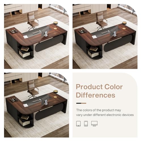 Tribesigns 81'' L-Shaped Executive Desk, Large Modern Office Desk with Drawers and File Cabinet for Home or Business Workspace, Computer Desk with Storage Shelves, Walnut & Black