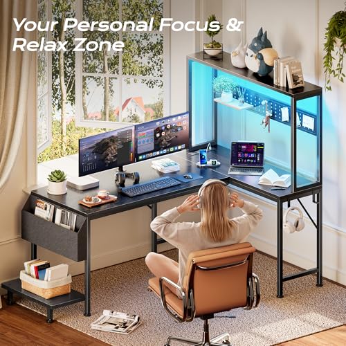PRAISUN 51.2" L Shaped Gaming Desk with Power Outlets & USB-C Port, LED Lights, Computer Desk with Pegboard, Corner Desk with Storage Shelves & Bag, Office Desk with CPU Stand for Home Office, Black