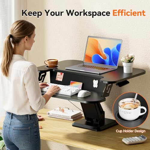 JYLH JOYSEEKER 28" Standing Desk Converter, Height Adjustable Clamp Desktop Riser with Keyboard Tray, Sit Stand Monitor Riser Workstation for Home Office, Magnets Inclued, Black