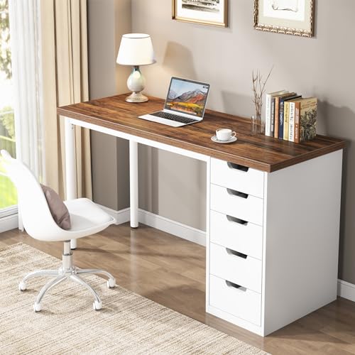 Tribesigns Computer Desk with 5 Drawers, 47 inches Rustic Brown Home Office Desk with Storage, Modern Simple Laptop Desk Study Writing Table for Small Spaces (1, Brown+White)