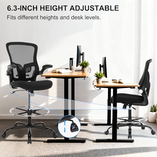 Bondesin Drafting Chair, Ergonomic Tall Office Chair with Lumbar Support Standing Desk Stool with Flip-up Armrests Comfy High Office Desk Chair with Adjustable Foot Ring for Counter Height Desk, Black