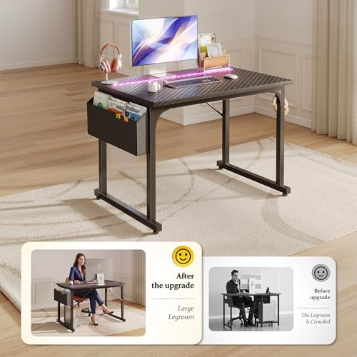 DurayLoly 32" Gaming Desk with Waterproof LED Lights, Carbon Fiber Desktop for Small Spaces | Home Office Study Computer Desk with Storage Bag & Headphone Hook, Black