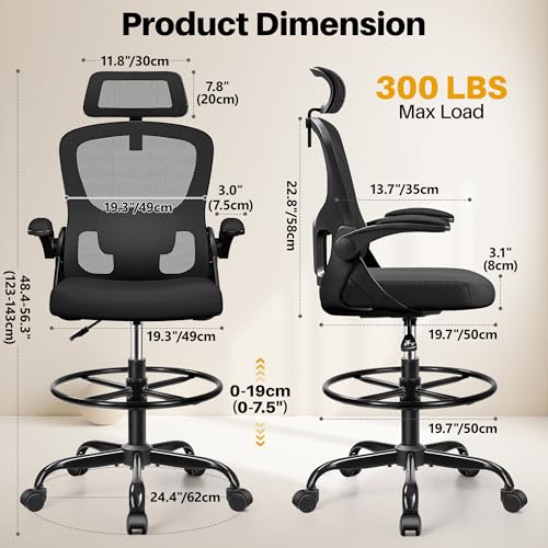 FINATI Drafting Chair, Tall Office Chair for Standing Desk, Ergonomic High Back with Headrest, Lumbar Support, Foot Ring and Flip-up Armrests, Black
