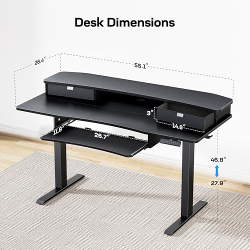 HUANUO 55" x 26" Electric Standing Desk with 2 Drawers & 26.7" Large Keyboard Tray, C-Clamp Mount Compatible, Adjustable Computer Desk for Home Office, Stand Up Desk with 4 Height Presets, Black