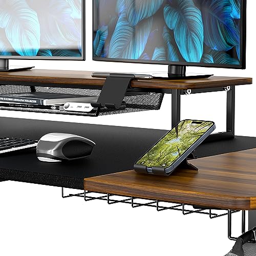 SHW 62-Inch Electric Height Adjustable Standing Desk with Monitor Riser and Drawer, Walnut