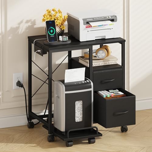 YAOHUOO Printer Stand with Power Outlet/Fabric Drawers, Printer Cabinet with Storage Shelf and Rolling Shredder Stand, Printer Table for Home Office, 22.8"×15" Black