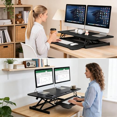 37" Height Adjustable Standing Desk Converter, Two Monitor Stable Stand up Desk Converter, 5.9"-18.8" Height Adjustable Laptop Workstation with Keyboard Tray, Desktop Riser for Home and Company