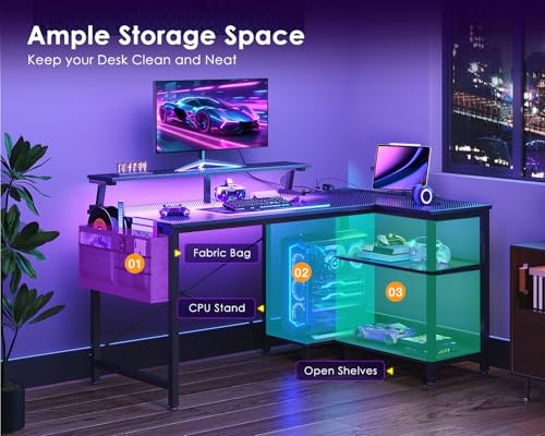 ODK 40 Inch Gaming Desk with USB Power Outlets and LED Lights, Reversible L Shaped Computer Desk with Storage Shelves & Monitor Stand, Corner Home Office Desk Table, Carbon Fiber Surface, Black