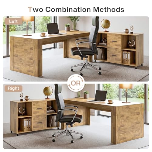Tribesigns 63" Executive Desk with File Cabinet, L-Shaped Office Desk with Drawers and Storage Shelves, Business Combo Furniture, Computer Desk Set for Home Office, Brown