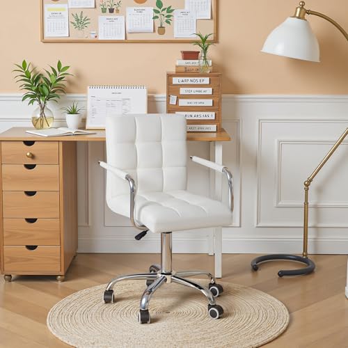 Furmax Vanity Office Chair with Wheels, Makeup PU Leather Executive Chair Modern Adjustable Home Desk Retro Comfortable Work Chair 360 Degree Swivel with Arms (White)