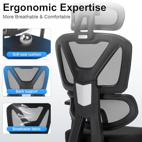 Ergonomic Office Chair,Computer Desk Chair with Adjustable Lumbar Support & 3D Headrest,5D Armrests,90-135° Recline,Breathable Mesh High Back,BIFMA Certified,Home Office Gaming Chair for Adults,Black