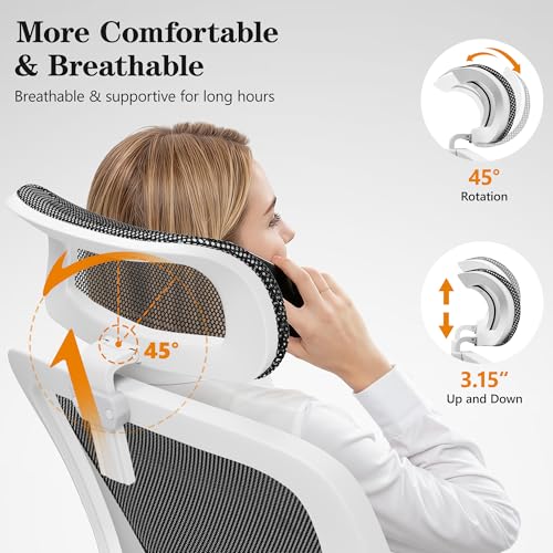 Ergonomic Office Chair, High Back Desk Chair with Flip-up Arms, 300 LBS Mesh Computer Chair with Adjustable Headrest & Lumbar Support, Comfy Gaming Chair for Adults, Home Office Desk Chairs (White)