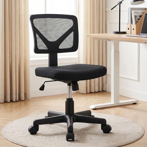 OLIXIS Armless Office Chair, Ergonomic Desk Chair with Wheels, Mesh Back, Removable Washable Foam Cushion, Height Adjustable Rolling Swivel Chairs for Small Space, Home, Office, Black