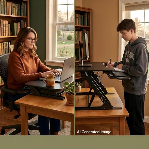 NSY Audio Standing Desk Converter 36 x 24 Inches - Height Adjustable Sit to Stand Riser with Keyboard Tray, Ergonomic Workstation for Home Office, Black