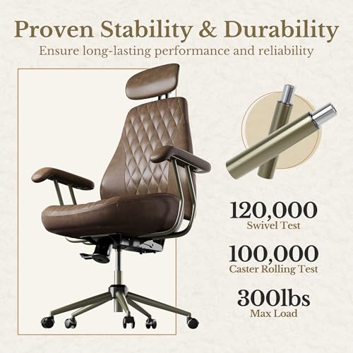 Perledesign High Back Office Chair with Lumbar Support - Ergonomic Executive Desk Chair, Adjustable Swivel Computer Chair in Premium Faux Leather for Home Office Comfort, Brown