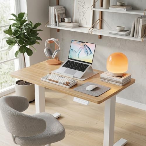 HUANUO 32" Small Electric Standing Desk Adjustable Height, 4 Memory Height Settings, Sit Stand Up Desk for Home Office & Computer Workstation, LightWalnut