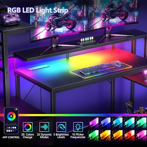 Korfile 48 Inch Gaming Desk with LED Lights & Power Outlets,Computer Desk with Fabric Drawers & Side Hook,Reversible Gamer Table with Monitor Stand for Game Room,Home Office,Carbon Fiber Black