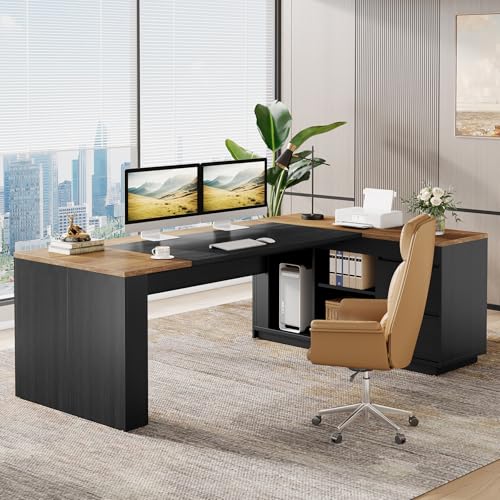 Tribesigns 78" L Shaped Executive Desk with Drawers, Large Office Computer Desk with Cabinet and Storage Shelves, Modern Business Furniture Sets Workstation for Home Office (Brown&Black)