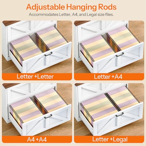 HOOBRO 2 Drawer File Cabinet, Farmhouse Lateral Filing Cabinet for Letter/A4/Legal Size, Large Wooden Office Storage Cabinet, Printer Stand for Home Office, White and Walnut WH48WJ01