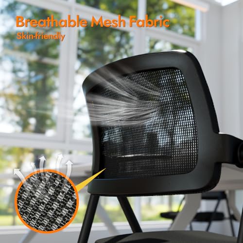 FYLICA Stackable & Foldable Office Chair Set of 2, Folding Desk Chair with Flip-Up Armrest, Breathable Mesh, Thick Seat Cushion & Rocking Backrest, Conference Room Chair with Wheel (Black)