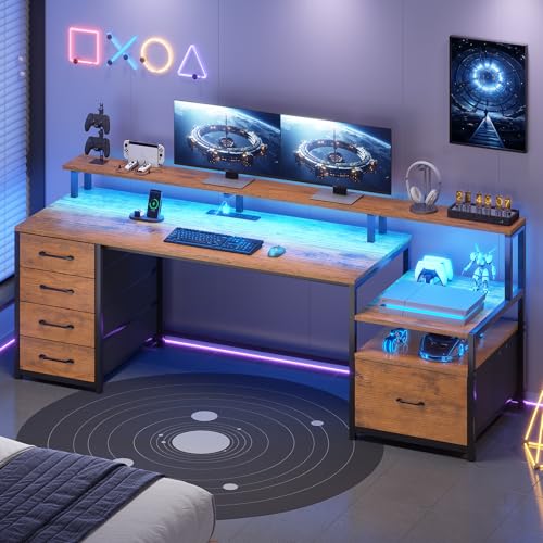 SEDETA Home Office Desk with File Drawer & Power Outlet, 66'' Computer Desk with 5 Drawer, Storage Shelves, Printer Cabinet and Monitor Shelf, Gaming Desk with Led Lights, Rustic Brown