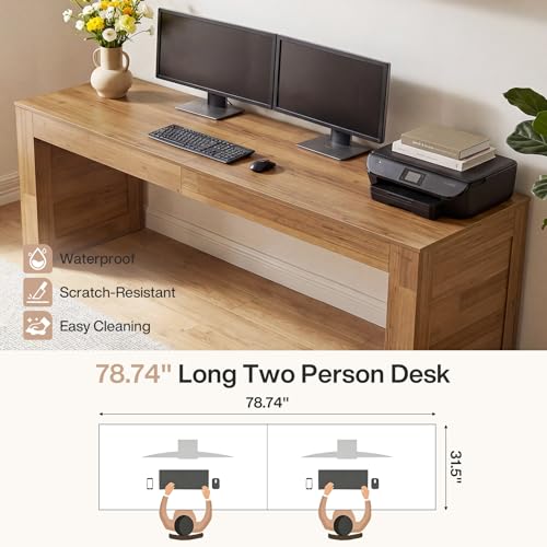 Tribesigns Two Person Desk, 78.7-Inch Extra Long Desk, Farmhouse Double Computer Table, Large Writing Gaming Workstation for Home Office, Brown