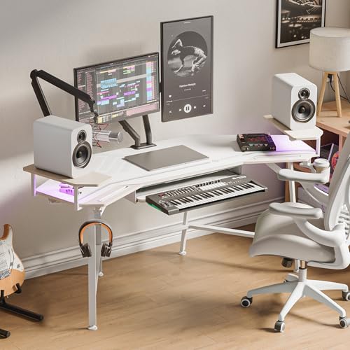 EUREKA ERGONOMIC Aero 72 Inch Gaming Desk with Keyboard Tray, Large Computer Desk Led Lights, Wing-Shaped Monitor Stand Dual Headphone Hanger Cup Holder for Studio,Streamer,Live,Maple