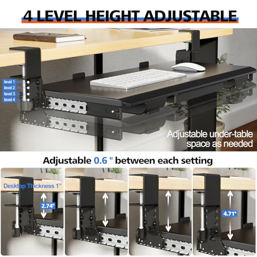 OUKMIC Large Height Adjustable Keyboard Tray with Sturdy C-Clamp Mount and Storage Drawer, 27"(31" Including Clamps) x 12" Slide Out Ergonomic Keyboard Trays for Home and Office, Black