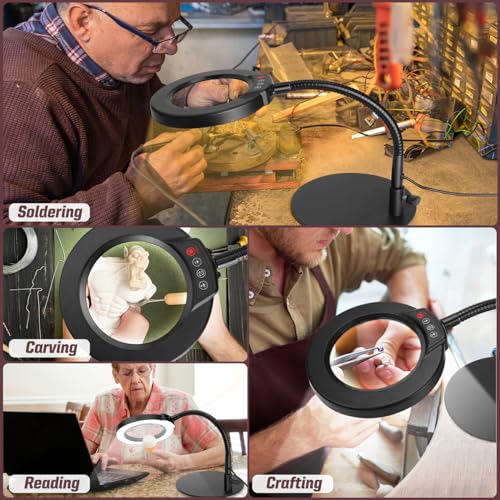 Krstlv 10X Magnifying Glass with Light and Stand, 5 Color Modes Stepless Dimmable LED Lighted Desk Lamp, Hands Free Magnifier with Flexible Goose-Neck for Craft Hobby Painting Sewing Close Work