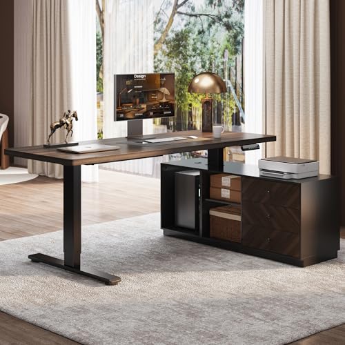 FLEXISPOT 71" L Shaped Standing Desk with Storage & CPU Holder, Dual Motor Height Adjustable Executive Desk, 222 LBS Capacity, 1" Thick Desktop for Home Office, Black Walnut, 3 Packages