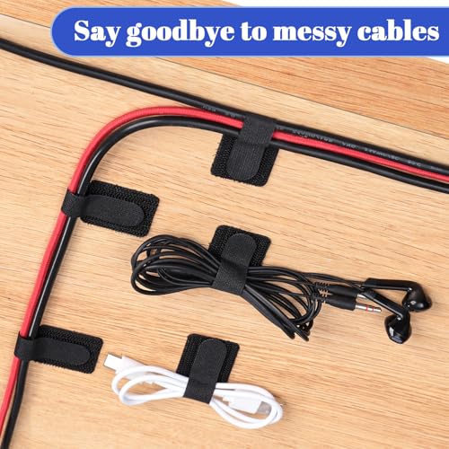 100PCS Cable Management Under Desk, Hook and Loop Cable Straps Self Adhesive Cable Organizer, Reusable Cable Ties for Cords Home Office TV Computer Car Wire Organizer, Black