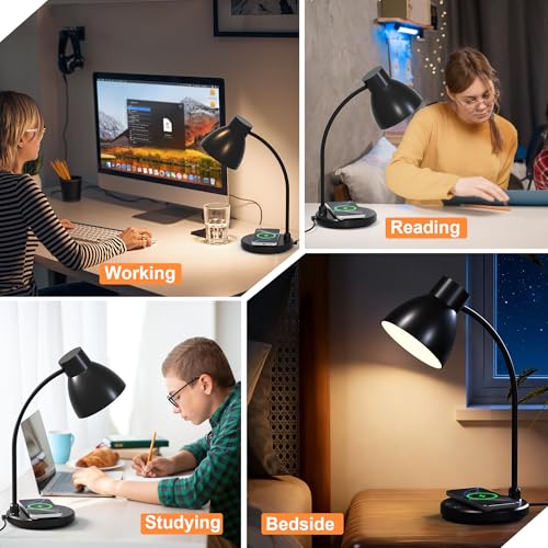 Vicsoon Desk Lamps for Home Office - LED Desk Lamp with Wireless Charger, 3 Color Modes Dimmable Eye-Caring Study Reading Desk Light, Small Flexible Arm Table Lamp for College Dorm Room Bedside, Black