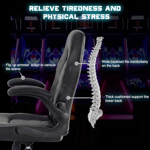 DUMOS Ergonomic Computer Gaming Chair - Home Office Desk with PU Leather Lumbar Support, Height Adjustable Big and Tall Video Game with Flip-up Armrest, Swivel Wheels for Adults, Black