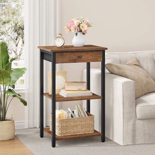 Gewudraw Printer Stand with Storage Drawer, 3-Tier Under Desk Printer Table, End Table for Home Office, Living Room, Bedroom, Brown