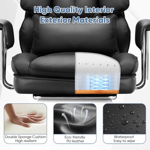 DUMOS Home Office Desk Executive Chair - Ergonomic Big Tall High Back with Footrest & Lumbar Support, Reclining Height Adjustable, Comfy PU Leather Computer Gaming with Swivel Wheels, Black