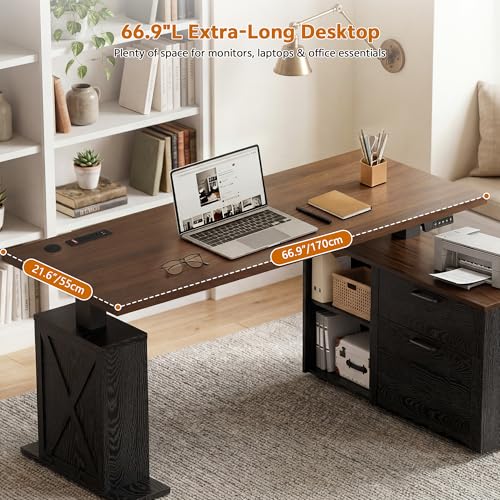 Homiflex 67" L Shaped Standing Desk with Drawers, Electric Height Adjustable Corner Desk, Sit Stand Office Desk with 4 AC Outlets & Type C Port, Executive Computer Desk with Cabinet, Brown & Black