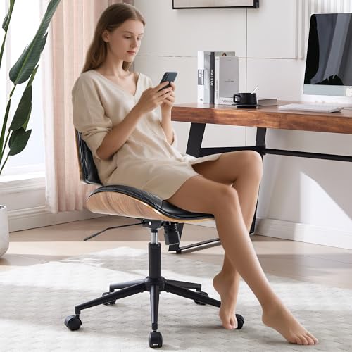 KBEJDBS Walnut Bentwood Mid Back Armless Office Chair 1 Pack, Adjustable Height PU Leather Swivel Desk Chair with Wheels, Rolling Computer Task Chair for Home Office, Study, Meeting Room