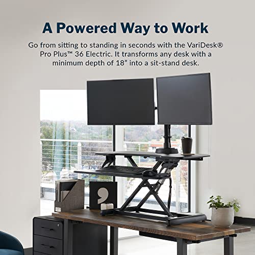 Vari Varidesk Pro Plus 36 Electric Standing Desk Converter – 11 Height Settings + Spring-Loader Lift, 2 Tier Design, Keyboard Tray – Fits Desktops 36” Wide x 26.5" Deep – Fully Assembled (Black)