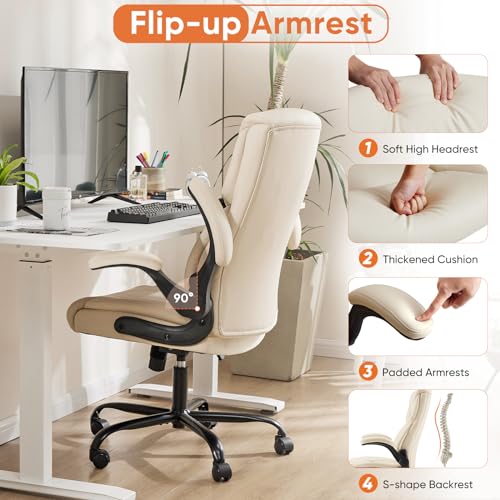 Sweetcrispy Ergonomic Office Chair - Heavy Duty Task Desk Chair with Flip-up Armrest, PU Leather, Height Adjustable & Swivel Rolling Chair with Wheels, Beige