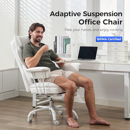 amseatec Big and Tall Office Desk Chair - Wide Ergonomic Executive with Footrest, High Back Lumbar Support Reclining Gaming Computer Chair for Heavy People (White)