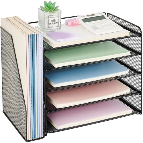 OPNICE Desk Organizers and Accessories, 5-Tier Paper Organizer Letter Tray with Magazine Holder, Office Desk Accessories & Workspace Organizers, Desktop File Organizer for Office Supplies, Black