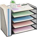 OPNICE Desk Organizers and Accessories, 5-Tier Paper Organizer Letter Tray with Magazine Holder, Office Desk Accessories & Workspace Organizers, Desktop File Organizer for Office Supplies, Black