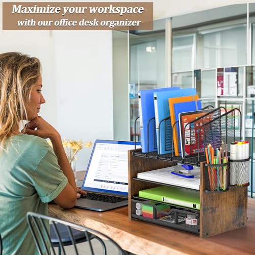 DAOUTIME 4-Tier Mesh Desk Organizer, Wooden Desk File Organizer with 5 Vertical File Holders and 2 Pen Holders, Desktop Organizers and Accessories with Drawer for Home Office