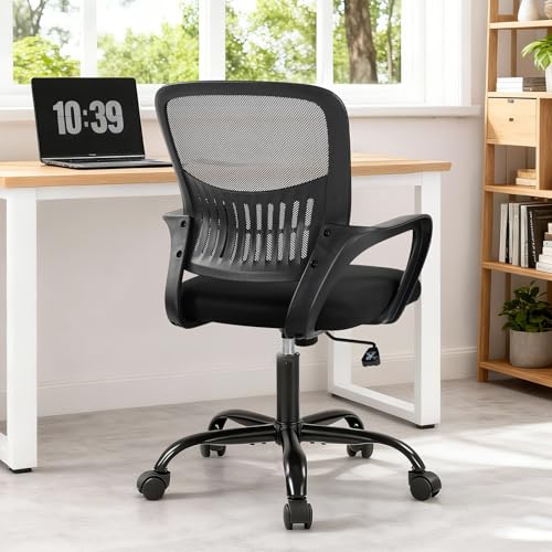 DUMOS Home Office Desk Chair - Ergonomic Mid Back with Lumbar Support & Rocking Mode, Height Adjustable with Fixed Armrest, for Conference, Computer, Meeting Room, 360° Swivel, Adults, Black